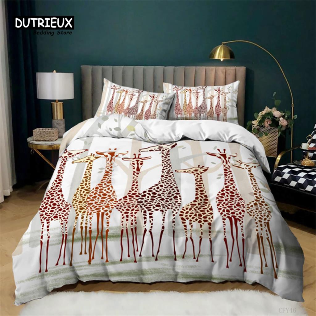 Cartoon Elk Duvet Cover Giraffe Deer Bedding Set Full For Kids Teens Room Decor Wild Animal Floral Quilt Cover With Pillowcases