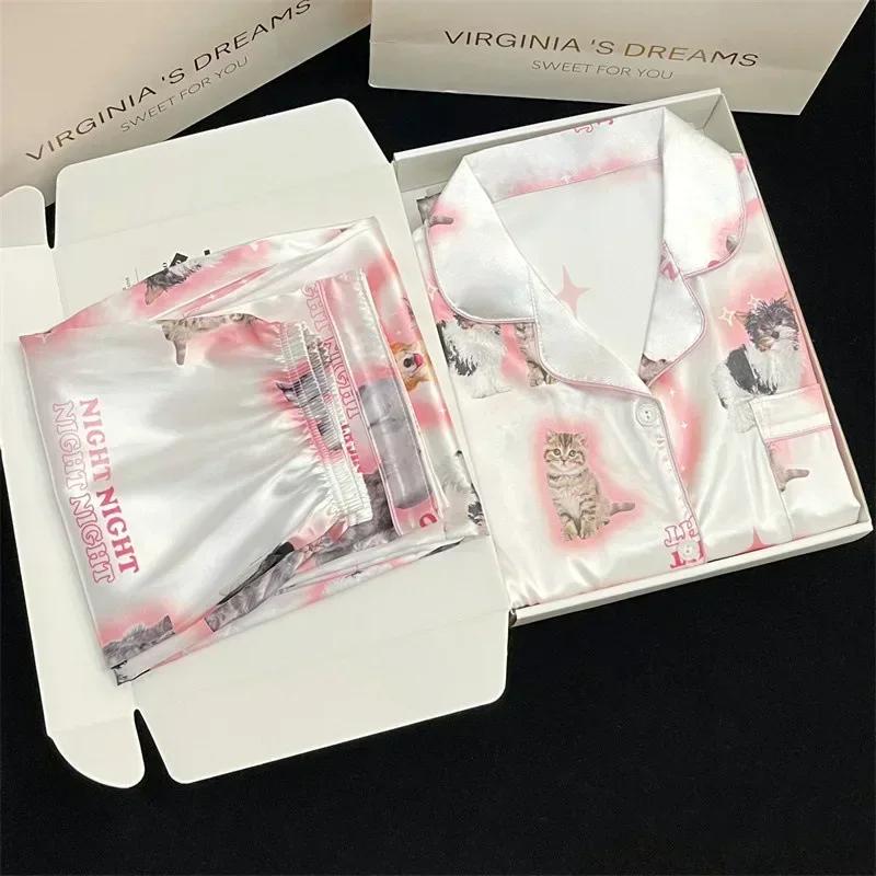 Piżama dla dziewczynki satynowa odzież domowa długa krótka modna piżama z uroczym nadrukiem kota letnia cienka piżama dla kobiet jedwabny zestaw domowy