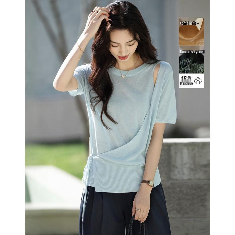 Elegant Asymmetric Tie-Strap Short Sleeve Knit Top S