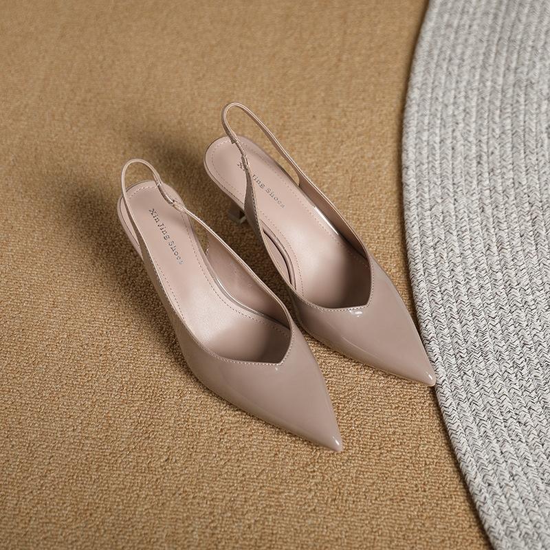 Elegant Slingback High Heels Sandals Woman Rear-Strap Shoes Ladies Office Dress Shiny Leather Pumps Pointed Toe Cut-Out Tacones