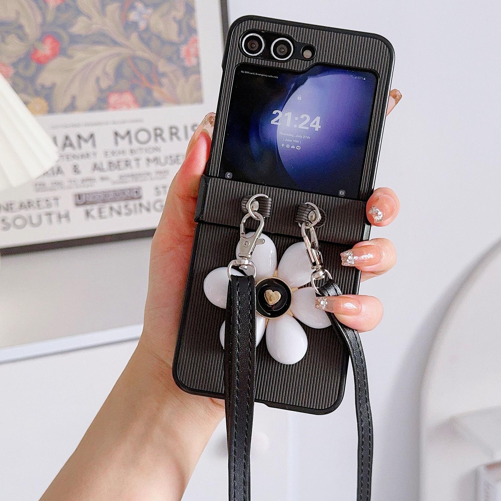 

For Samsung Galaxy Z Flip7 FE 5G/Z Flip6 5G Case 3D Flower Leather+PC Phone Cover with Crossbody Strap Black