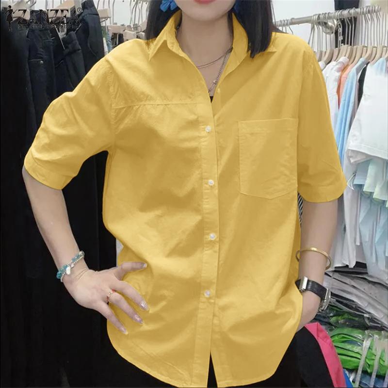 ZANZEA Womens Turn Down Collar Summer Half Sleeve Blouse
