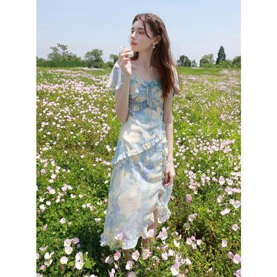 Sancai 2025 Summer Ruffle Print Chiffon Maxi Dress