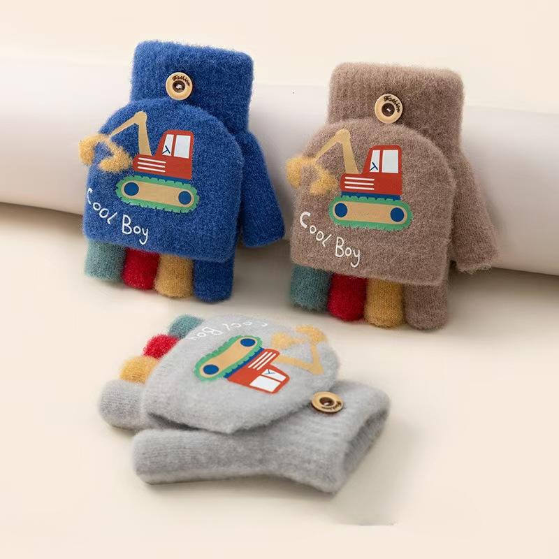 Cartoon Winter Gloves for Boy Cute Excavator Thick Warm Kids Half Finger Flip Mittens Outdoor Toddler Windproof Children Gloves