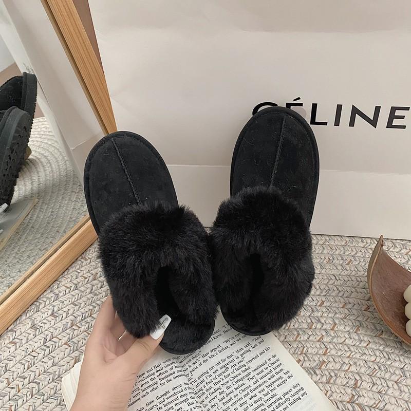 Fur integrated snow boots 2025 autumn and winter new flat-bottomed fluffy slippers women's home velvet bag head half-drag cotton shoes