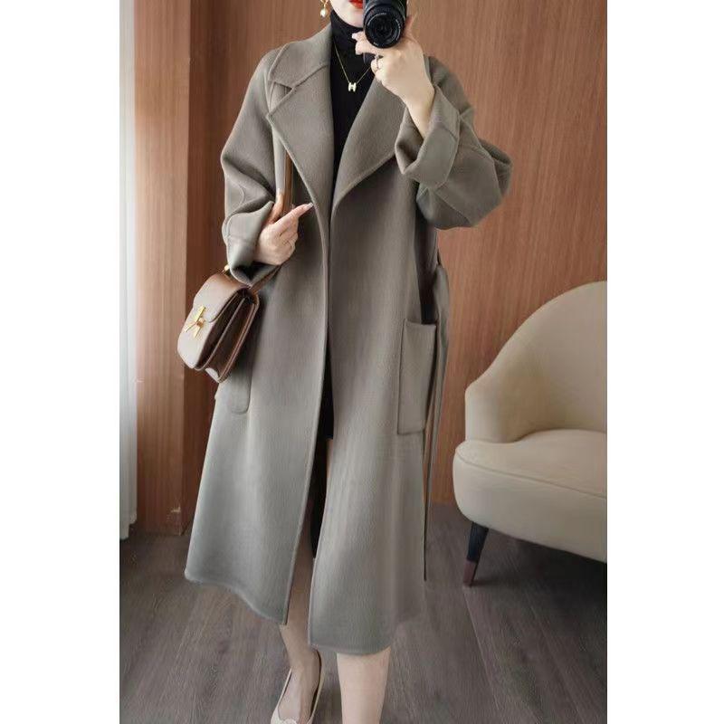 Damen Kaschmir-Mantel in mittlerer Länge im koreanischen Stil, doppelseitig, hochwertig, reine Wolle, lockere Passform für Herbst und Winter