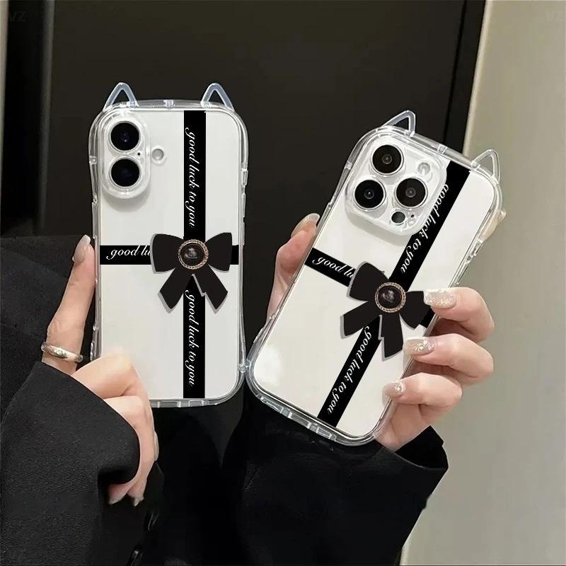 Light Luxury Black Bow for iPhone17 Cat Ears Mobile Phone Case Apple 16/15 Transparent Air Personality 14 Soft