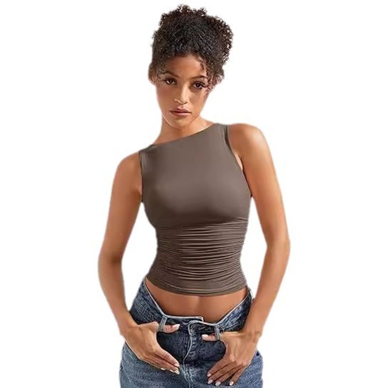 Solid Color round Neck Sleeveless Top Solid Crew Neck Sleeveless Slim fit Top Women