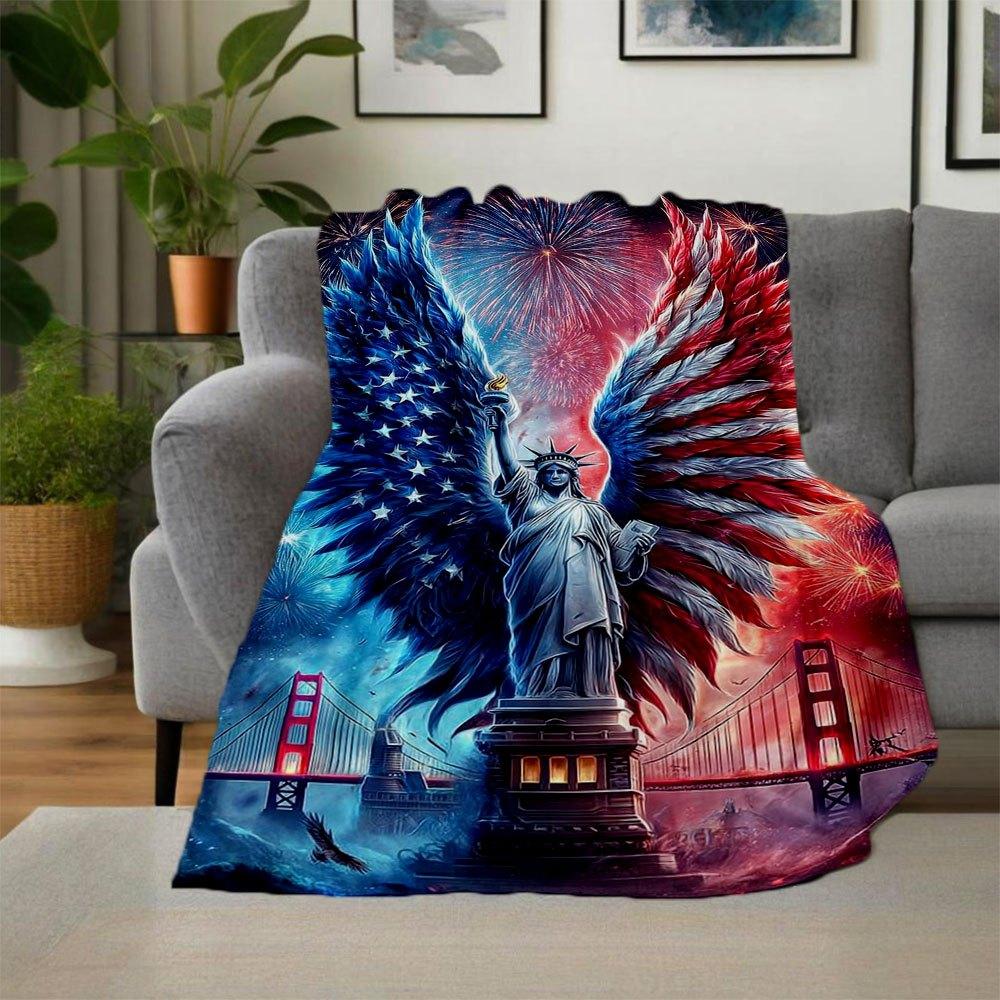 "Liberty Angel: Patriotic Wings Statue of Liberty Art Print"Blanket Flannel Throw Blanket for Sofa, Bed, Travel, Camping, Office