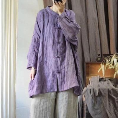 Retro Irregular Linen Vintage Chinese Style Shirt Autumn Woman Solid Color Long Sleeves Shirt