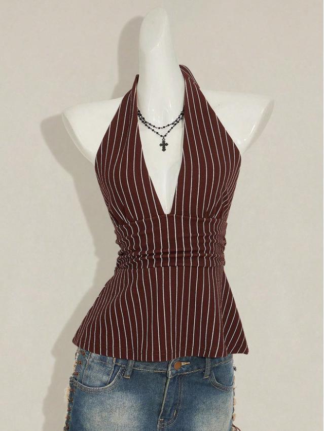 Stylish Multi-color Halterneck V-neck Pleated Vest - Summer Fashion