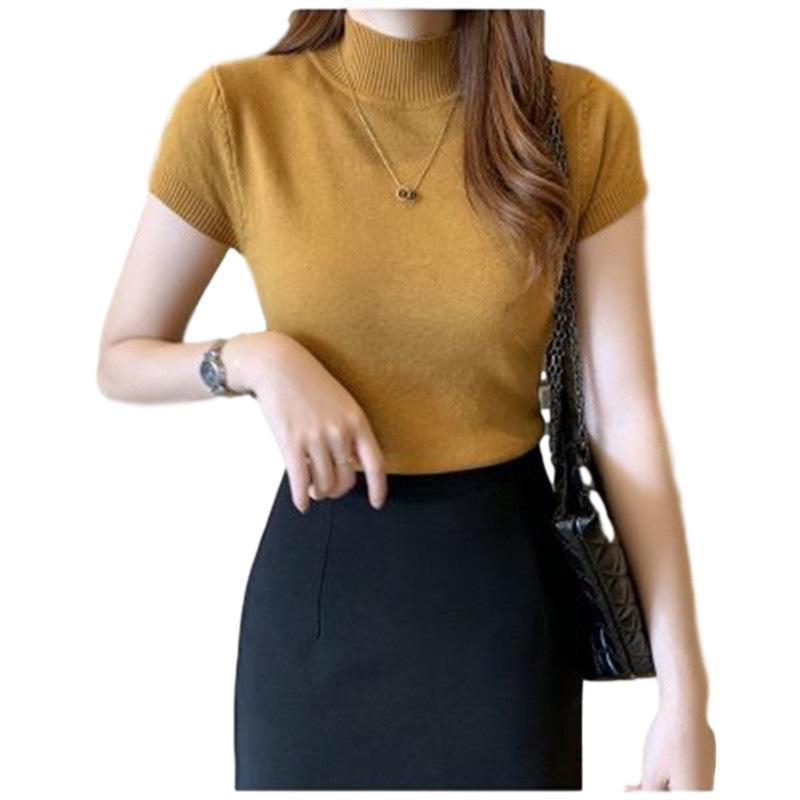Damen Sommer Koreanischer Stil Strick Halbturtleneck Slim Fit Kurzarm Top