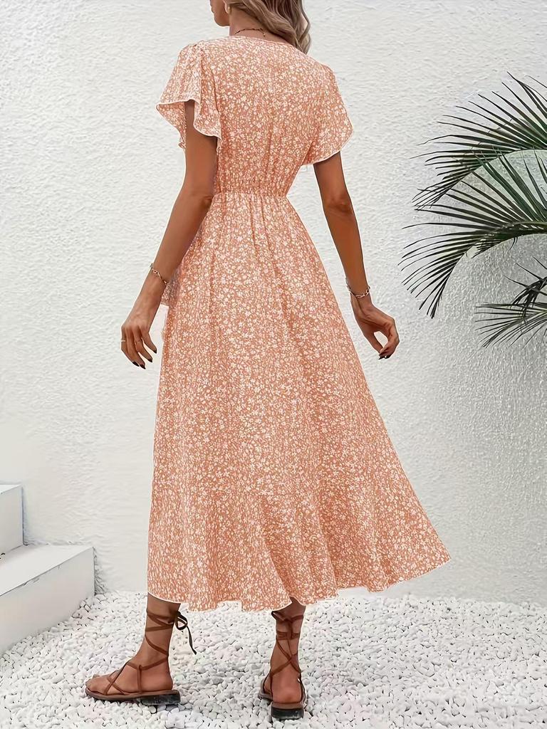 Bohemian Floral V-Neck Short Sleeve Wrap Dress with Belt
