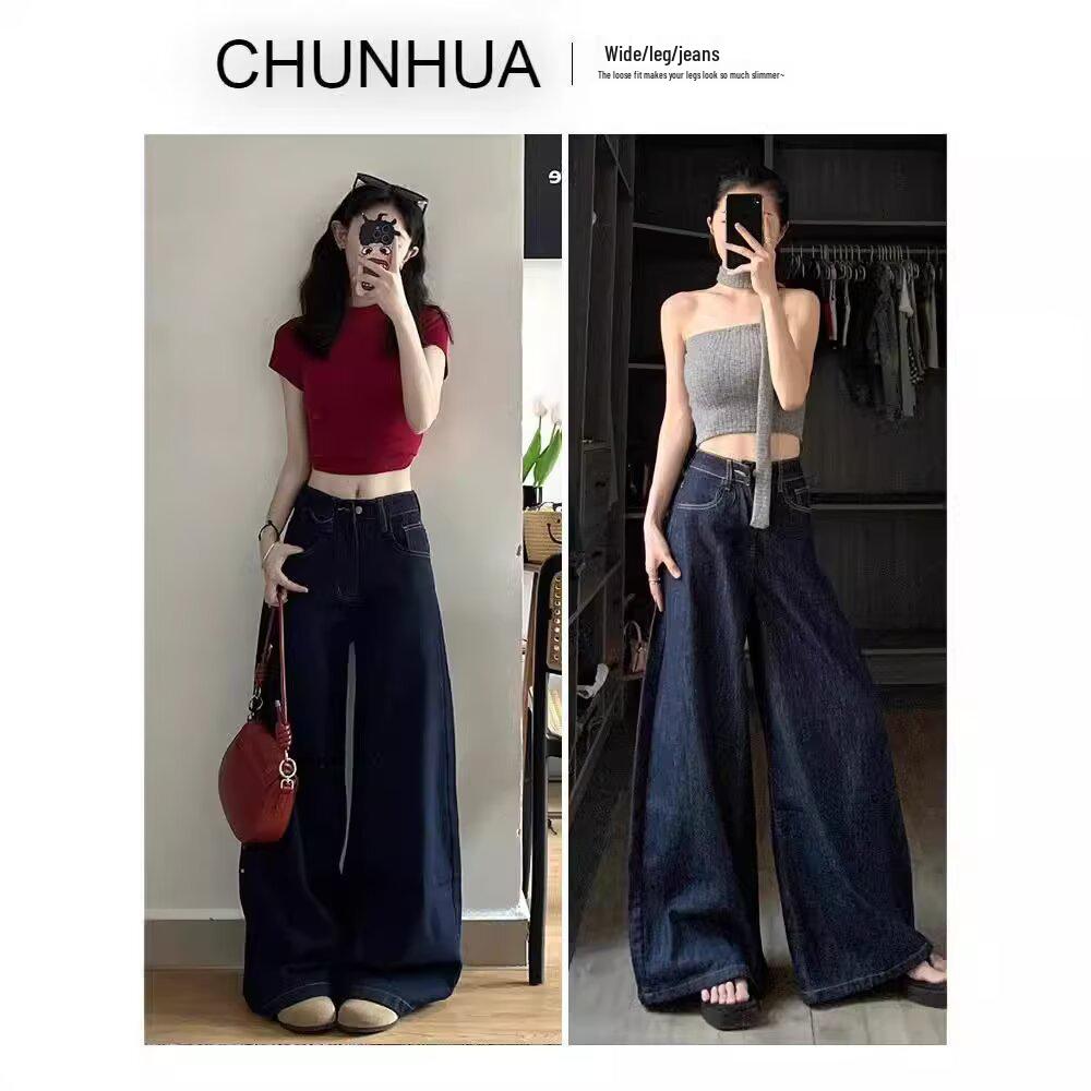 Women's High-Waisted Retro Wide-Leg Jeans in Deep Blue