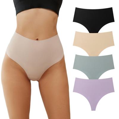 Women High Waisted Seamless Thongs Breathable Tummy Control Solid Color Panties Stretch Ladies Ice Silk Brief Underwear Underpants