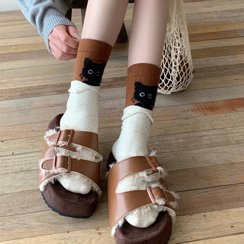1 Paire Chaussettes Mi-Mollet Mignonnes Chatons Dessin Animé pour Femmes Filles Chaussettes en Coton Automne Hiver