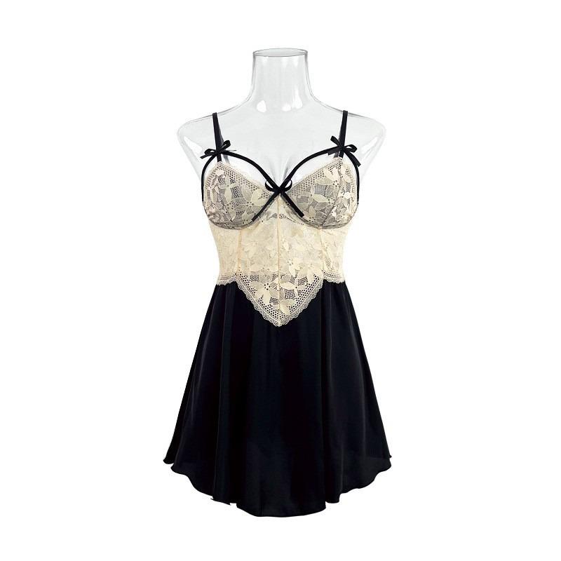 Summer and Autumn Sexy Deep V Lace Satin Perspective Suspended Sleeping Dress