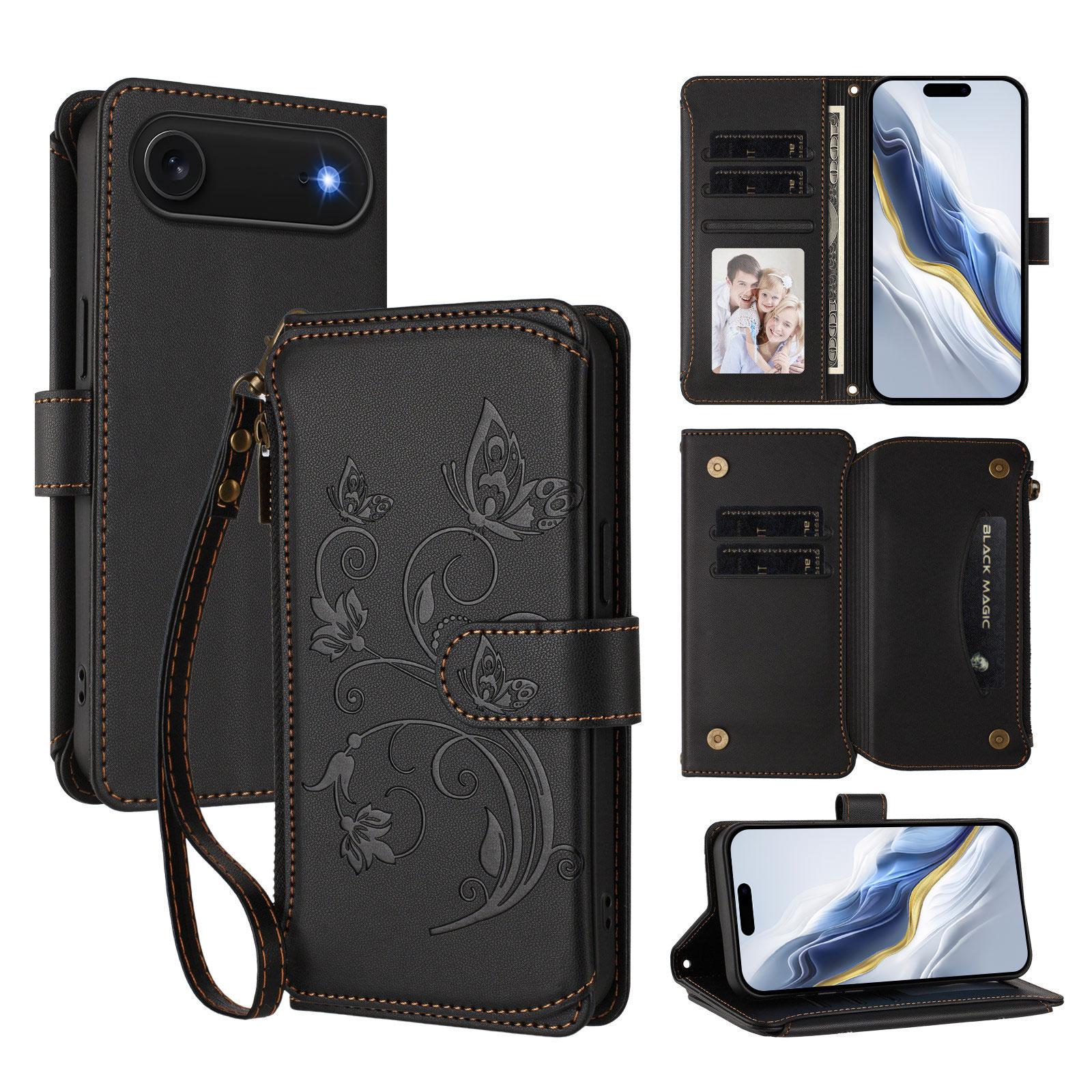 

For iPhone 17 Air Leather Case Butterfly Floral Imprint Zipper Wallet Stand Cover with Wrist Strap Black