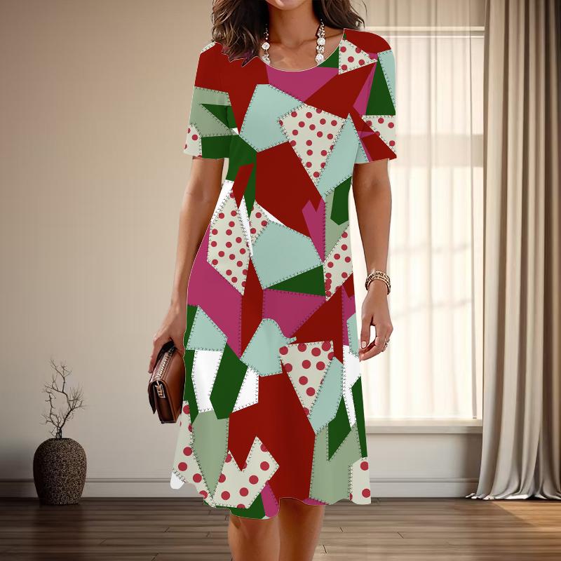 Damenmode Anmutige Geometrische Muster Druck Sommer Frühling Kurzarm Rundhals Lässige Kleider