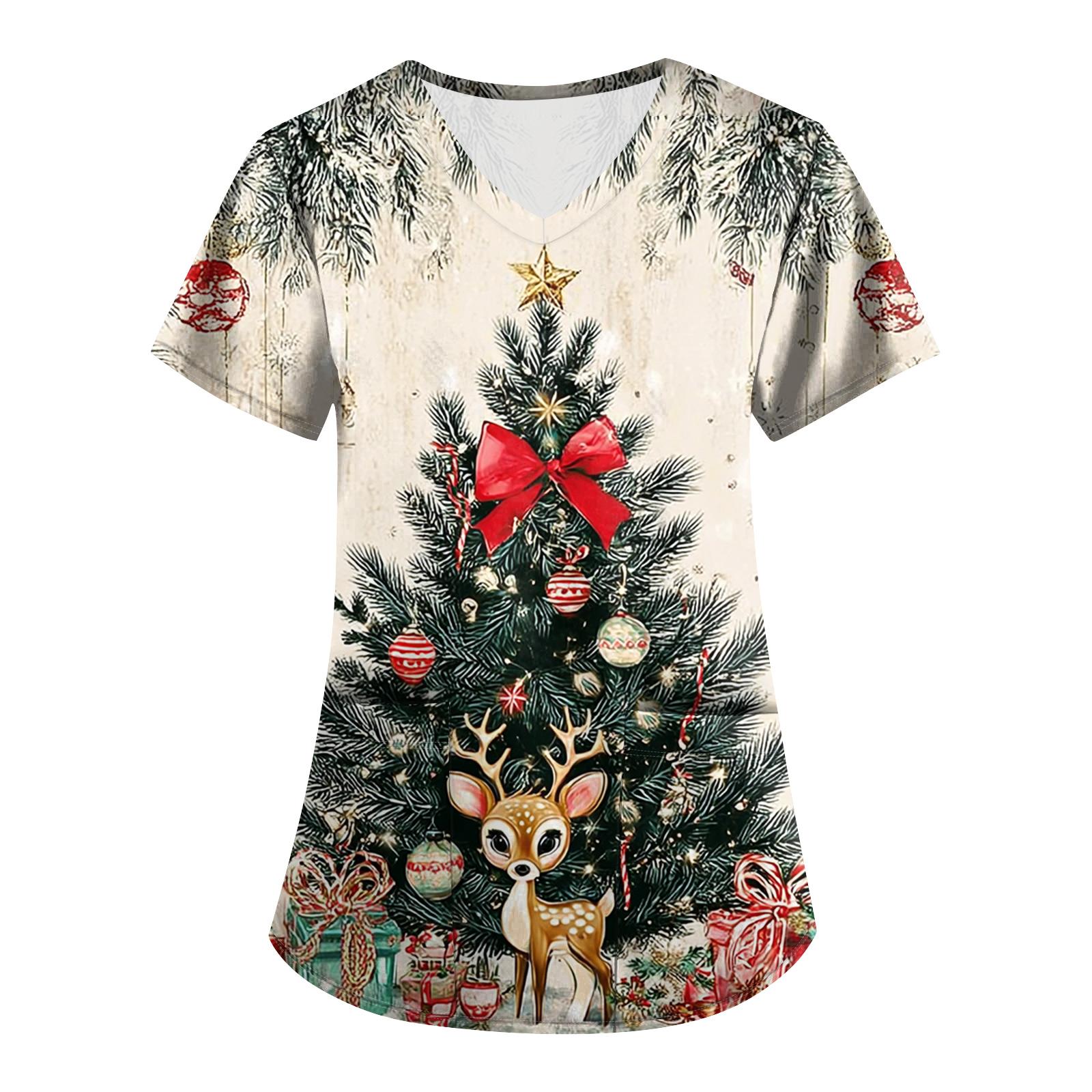 

Большой размер Принтованный скраб Рабочая униформа Топы для женских V-образный вырез с запахом Принт Короткий рукав Веселые футболки Рабочая одежда Футболка с карманами L