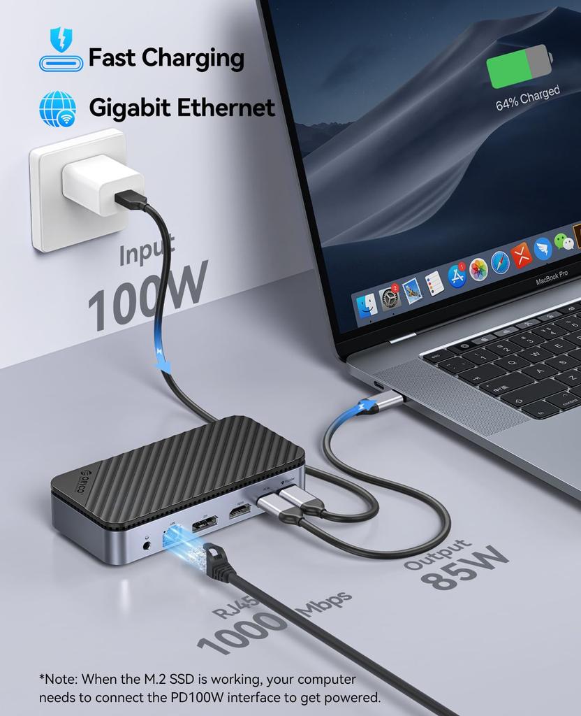 ORICO USB C Hub SSD Case Tools Docking Station with Fan 10Gbps HDMI Gigabit 100W Card Port M2P11 11-in-1 M.2 [No Required] Built-in USB-C & USB-A