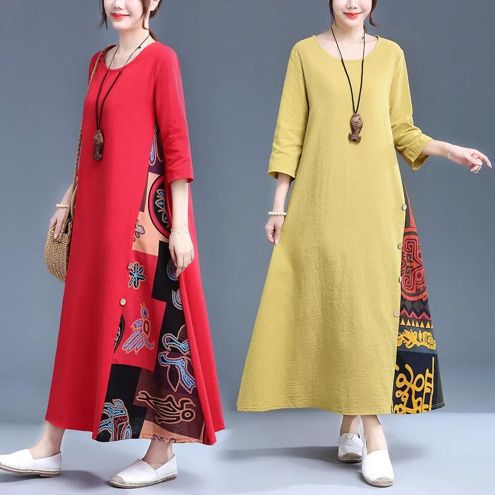 Autumn Retro Floral Round Neck Contrast Color Button Stitching Three-quarter Sleeves