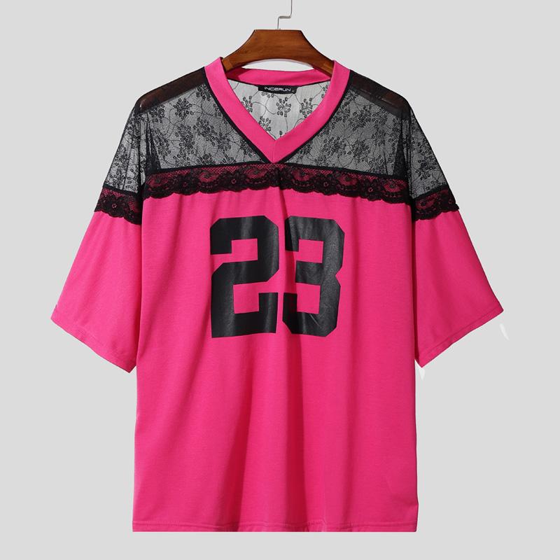 INCERUN Men Casual V Neck Short Sleeve Lace Sheer Patchwork Tops