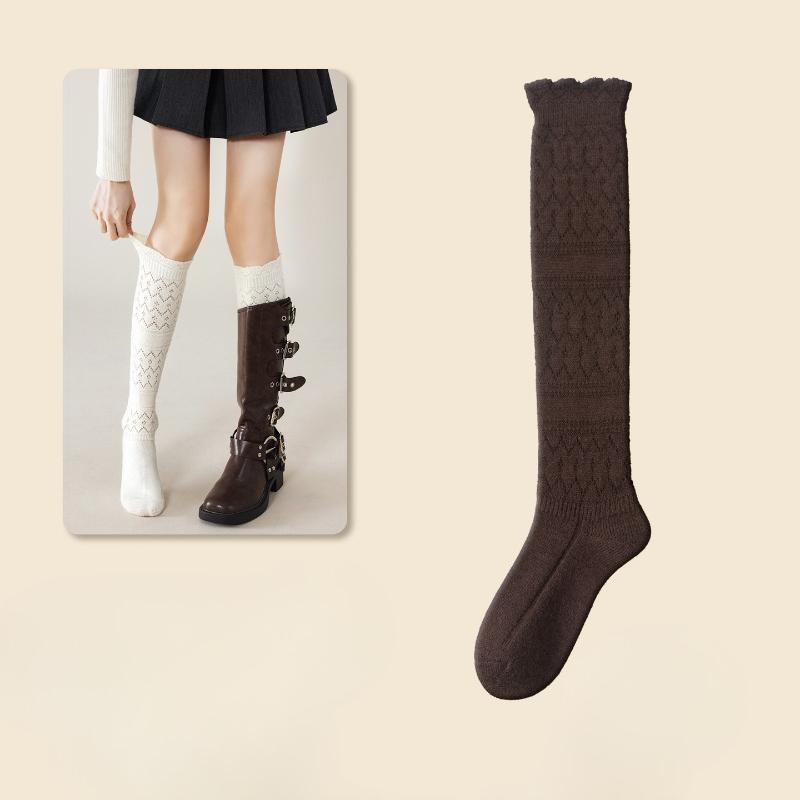 Short Leg Stockings - Autumn/Winter Style with Openwork Lace and Solid Color. Long Stockings for Girls and Women. Trendy Pile-style Stockings.