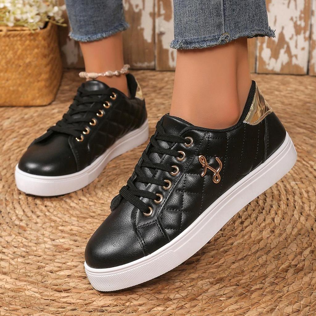 Large Size White Flat Shoes Women's Non-slip Round Head Lace-up Casual Sports Shoes