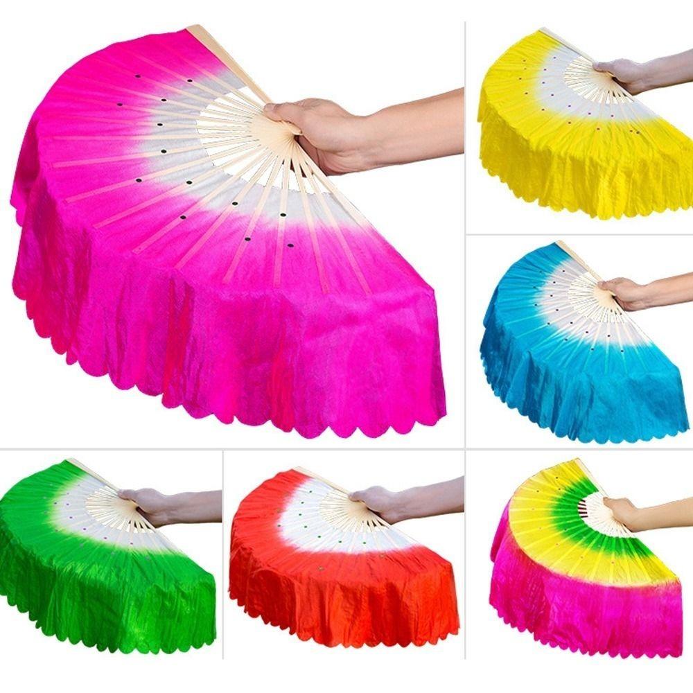 31cm Bamboo Chinese Short Bellydance Fan 17/20cm Half Circle Silk Veil Pairs Hand Dye Adults Fan