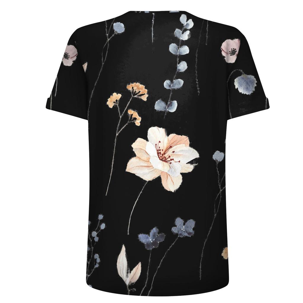 Women's Fashion Casual Short Sleeve Flower Print Round Neck Pullover Top Blouse