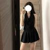 Pure Desire To Hang the Neck Fake Two-piece Lace Dress Women's Summer New Small Man Looking Thin Waist Swing Collar Black Short Skirt