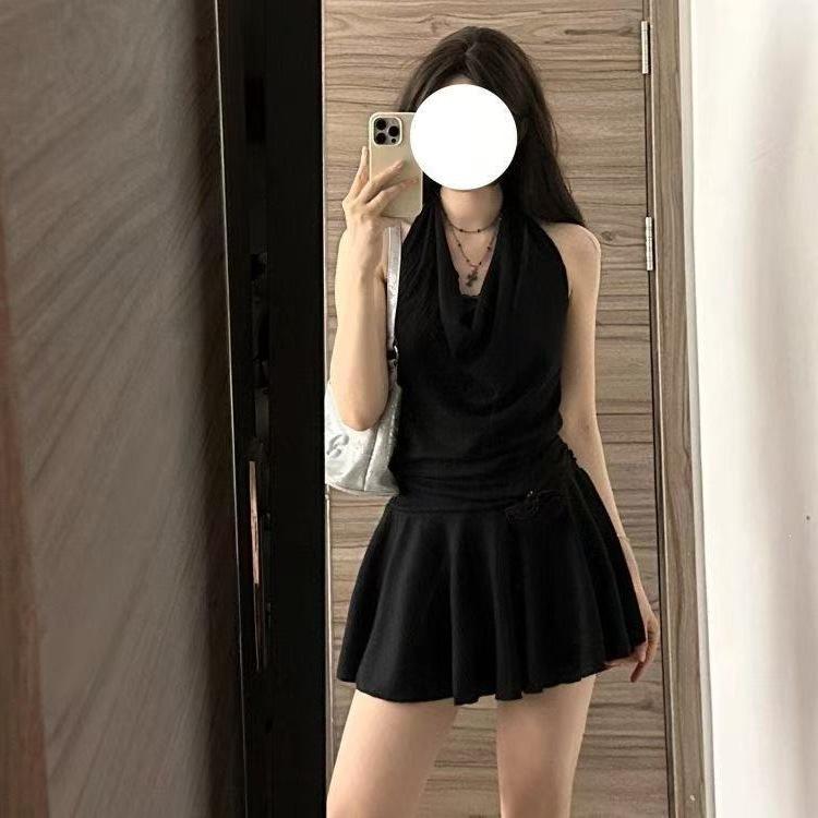 Pure Desire To Hang the Neck Fake Two-piece Lace Dress Women's Summer New Small Man Looking Thin Waist Swing Collar Black Short Skirt
