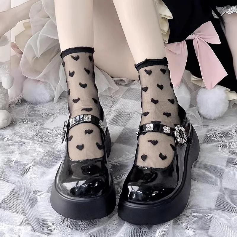 1/2 paia Calzini Neri Trasparenti Donna Estate Elastici Cuore Seta Calza Cristallo Caviglia Pizzo Arricciato Sox Grembiule JK Calzino Corto