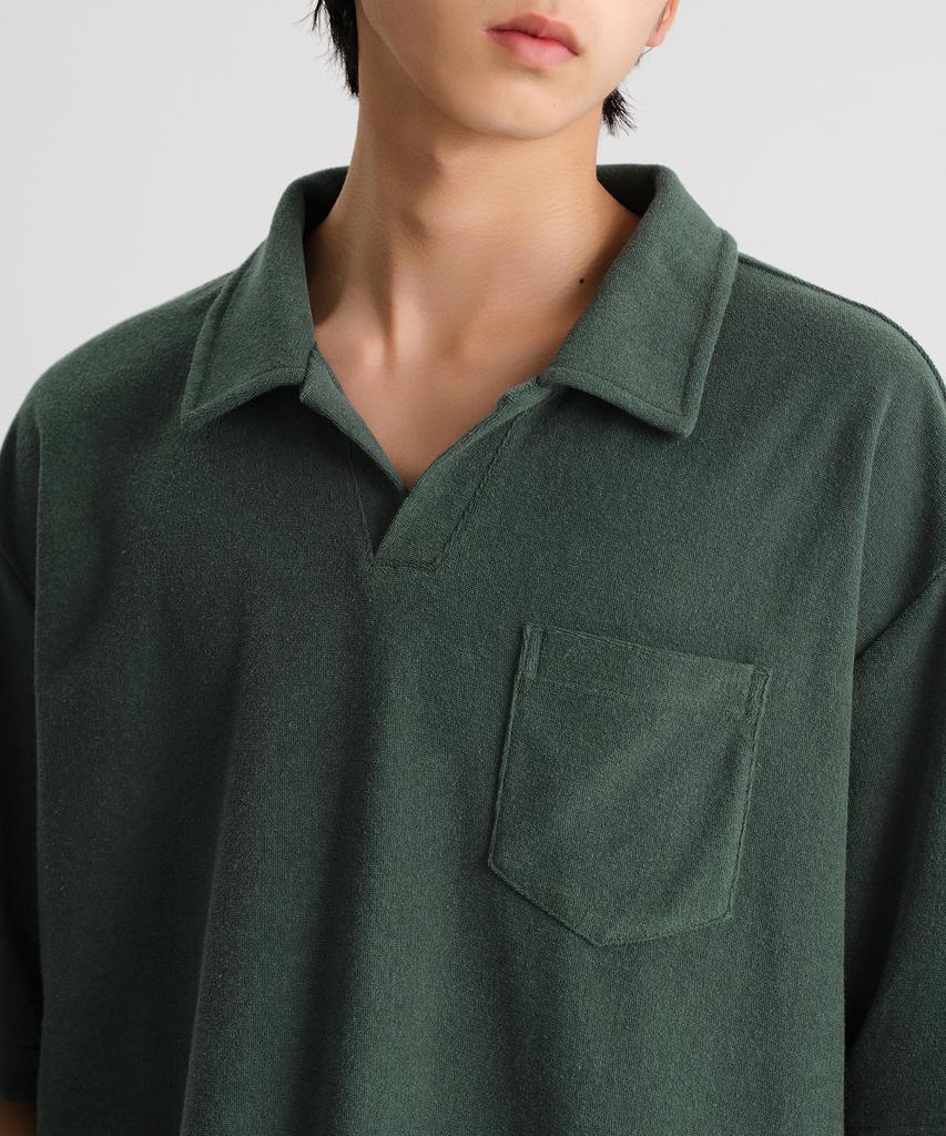 MUSINSA STANDARD Terry Cloth Slit Neck Polo Shirt [Deep Green]