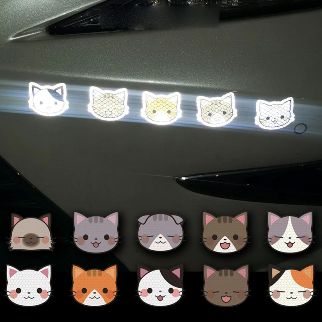 10pcs Pegatinas Reflectantes para Coche Creativo Dibujo Animado Elemento Animal Luminoso Pegatina para Coche Lindo Cabeza de Gato Decoración Pegatina Para Coche
