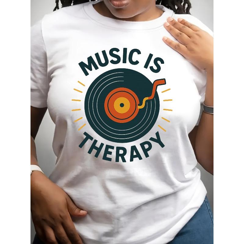 Women's Music Record Print T-Shirt Casual Short Sleeve Summer Fashion Top