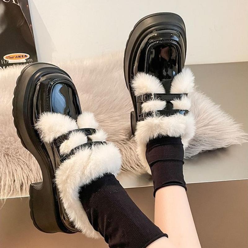 Women's Furry Thick Sole Loafers 2025 Winter Chunky Sole Cotton Lined Warm Shoes Height Increase Fashion Footwear
