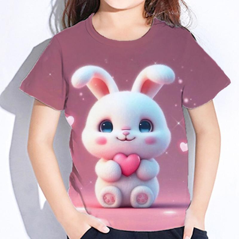Girl Clothing Hairy Cute Animals Rabbit T-Shirt For Kids Clothes From 8 To 14 Years Old Cat Tops Children Tshirts Summer Tees