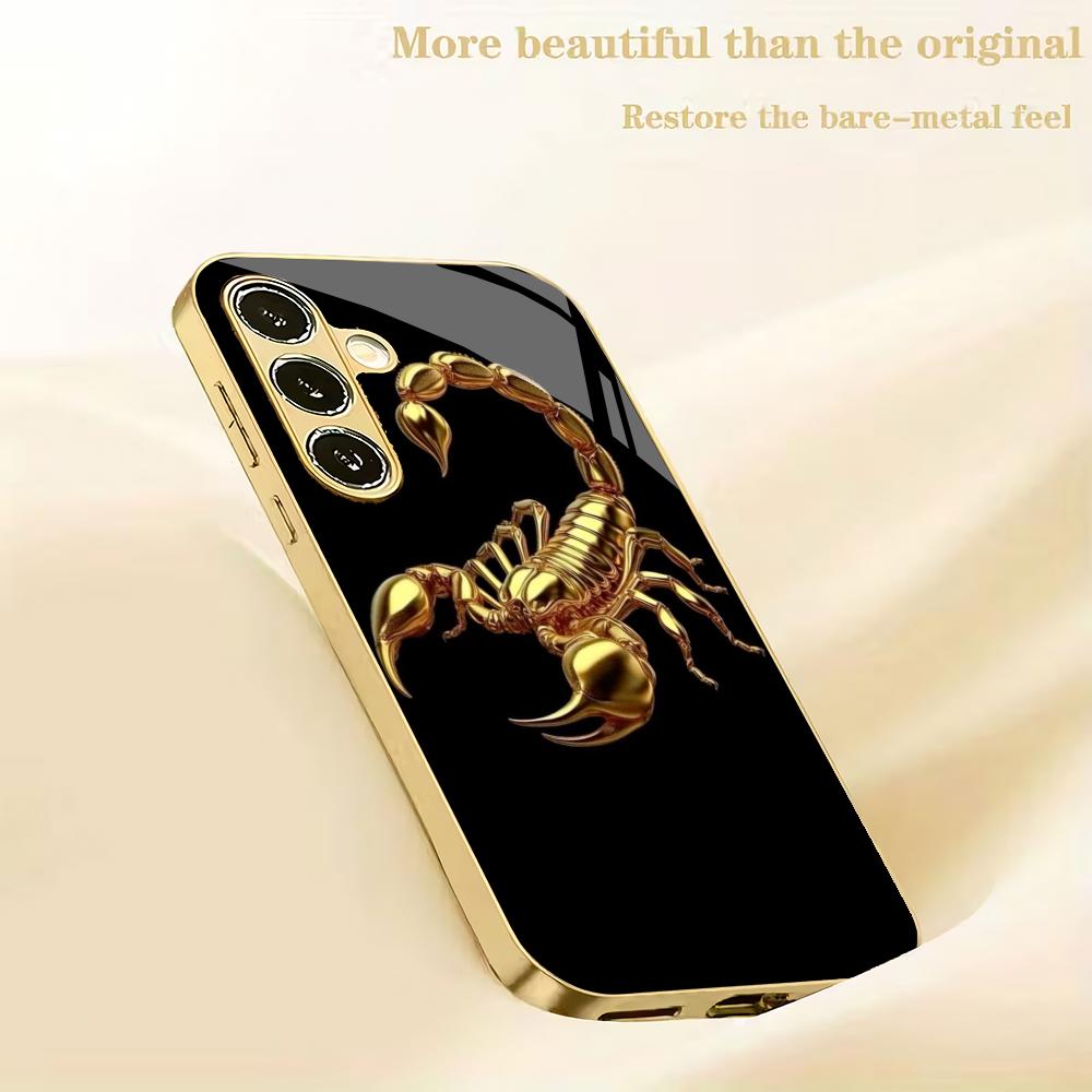 Golden Scorpion Pattern Plated Glass Phone Case Suitable for Samsung Galaxy S26 S25 S24 S22 S21 S20 FE/Ultra/Plus Anti Drop