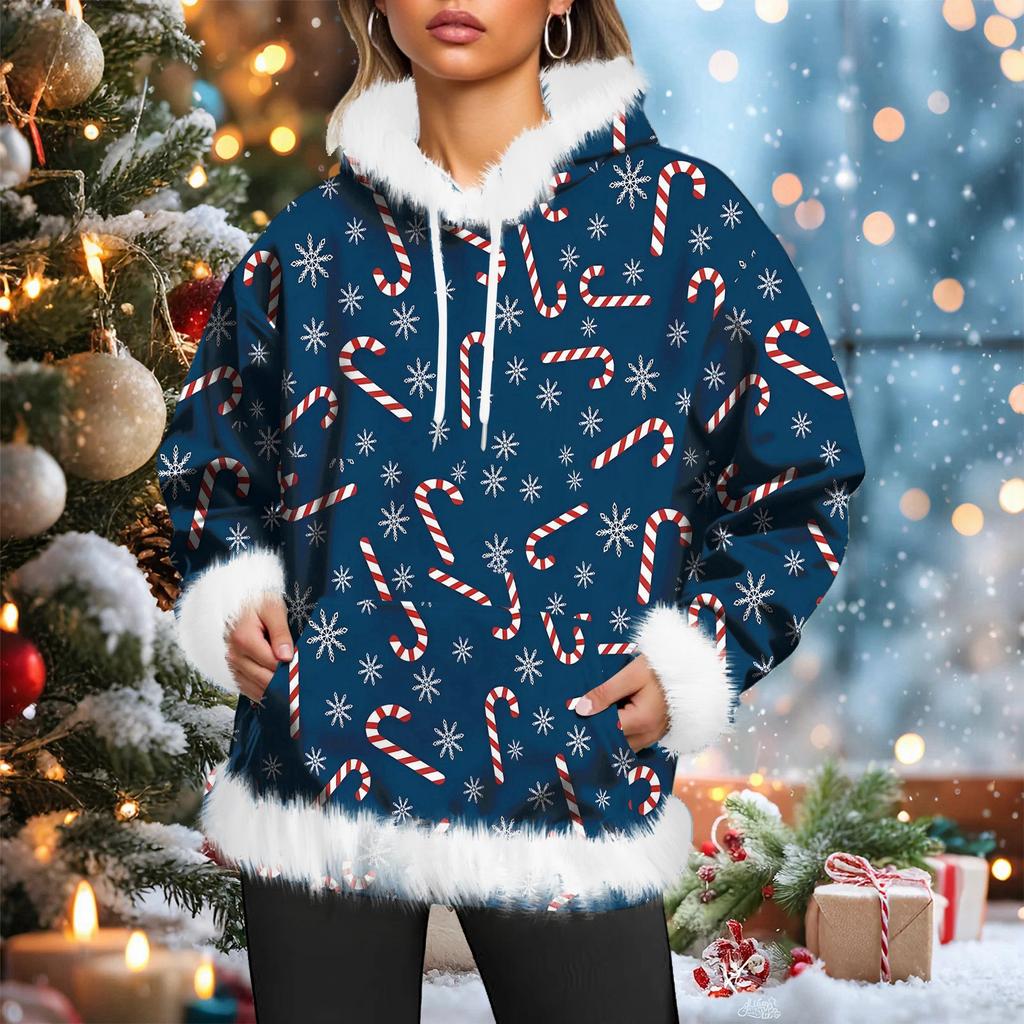 Women's Christmas Casual Fleece-Lined Hoodie With Long Sleeves And Pockets Sweatshirt Top