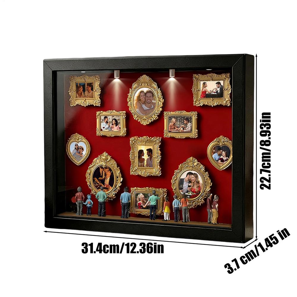 11 Pieces Miniature Desk Photo Frame Silhouette Box Memory Photo Case with LED Light with 8 Figurines for Tabletop Valentine's
