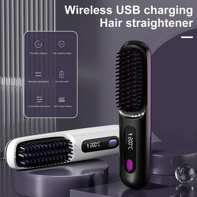 Cordless Hair Straightener Brush 3 Temperatures LCD Display Fast Heating USB Rechargeable Portable Hot Brush Detangling Comb