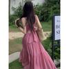 Fluffy Princess Dress First Love Suspender Dress Female Sexy V-neck Pleated Backless Strap Waist A Word Medium and Long Skirt