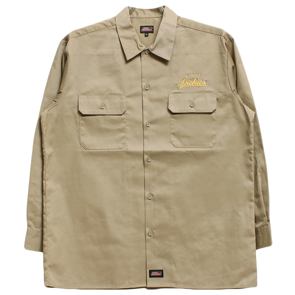 GENUINE DICKIES Men's Plus Size Logo Embroidered Twill Hickory Long Sleeve Work Shirt, Size 4L, Beige (18)