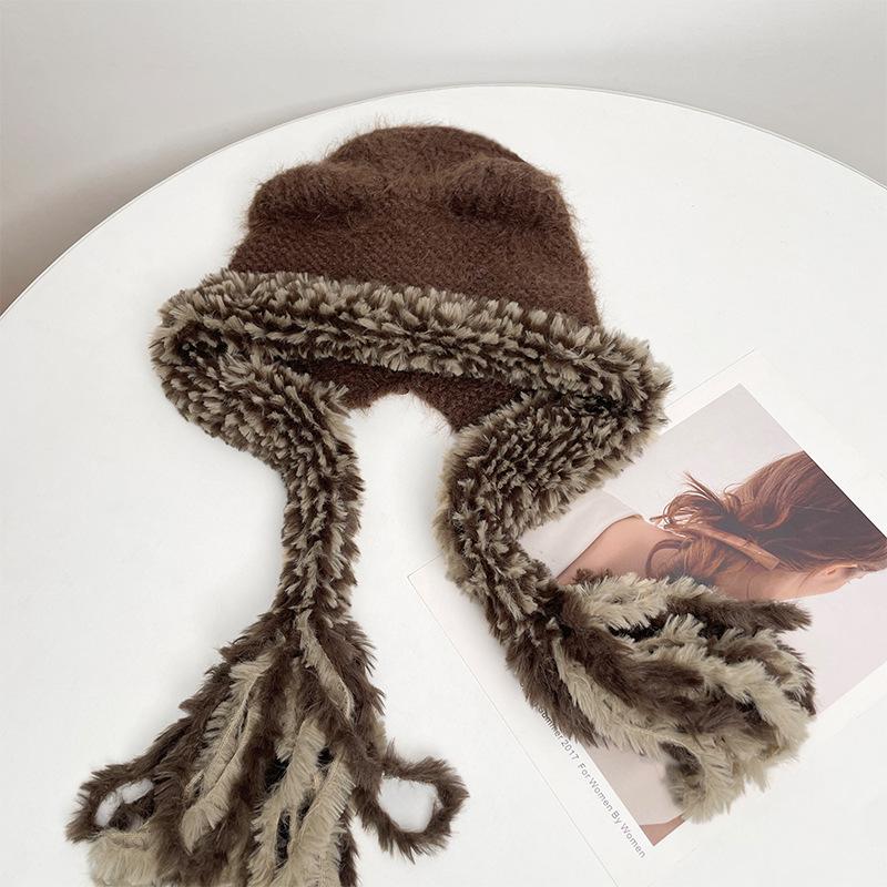 Cat Ears Contrasting Pigtails Knitted Hat Women's Winter Outdoor Warm Ear Protection Bear Hat Showing Face Small Pullover Wool Hat