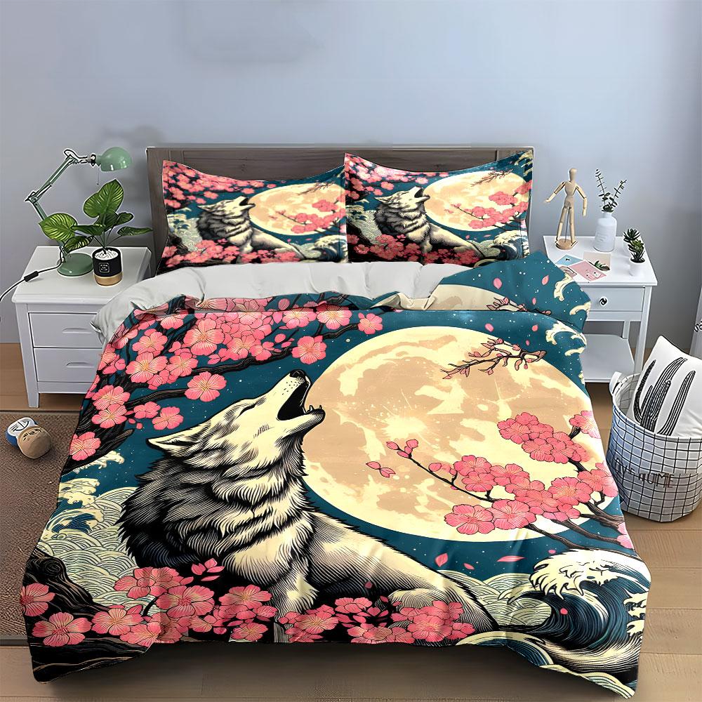Wolf And Cherry Blossom Night Exquisite Three-Piece Bedding Set Gift For Kids And Adults