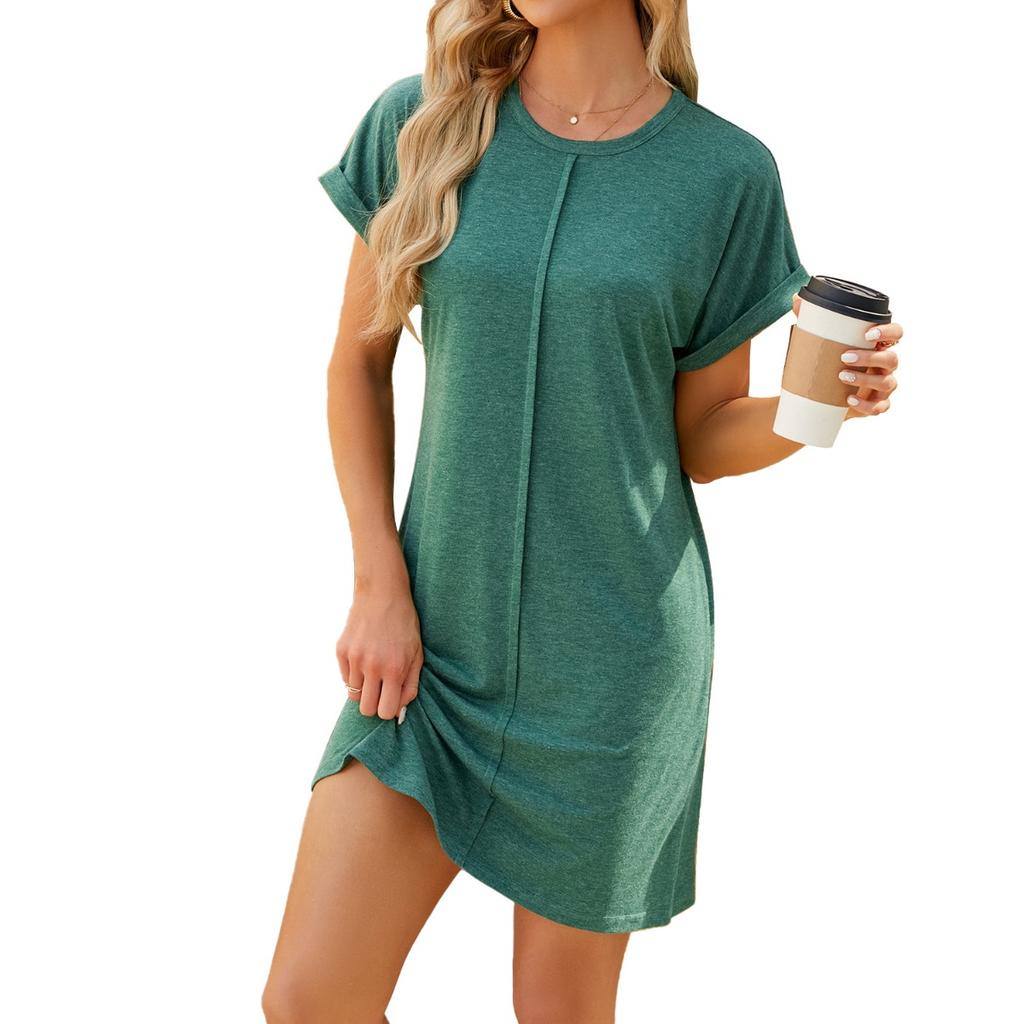 Spring Summer Women's Casual Solid Color Crew Neck Loose Short Sleeve Dress For Cross-border Export
