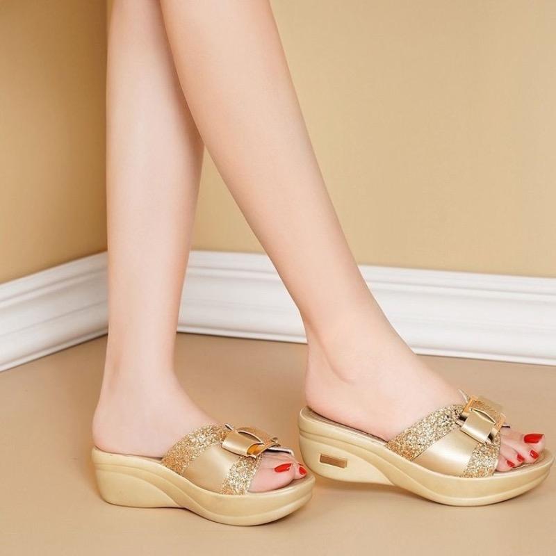 Fashion Slippers for Women 2025Summer New Wedge Slippers Luxury Sequined Casual Sandals Women's Platform Sandals Sandalias Mujer