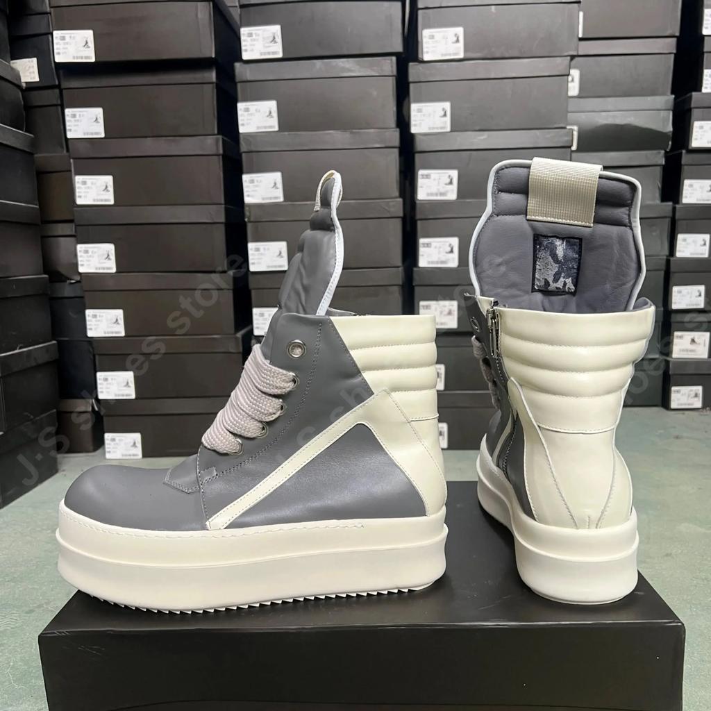 R-o Designer Boots Men Sneaker Women Gray Leather Grey Ankle Boot Jumbo Laces Platform 6cm Thick Sole High Top Shoes Casual Shoe